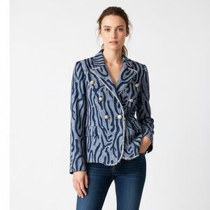 Alberto Makali Blue Denim Zebra Pattern Blazer, Gold tone buttons. Size 8